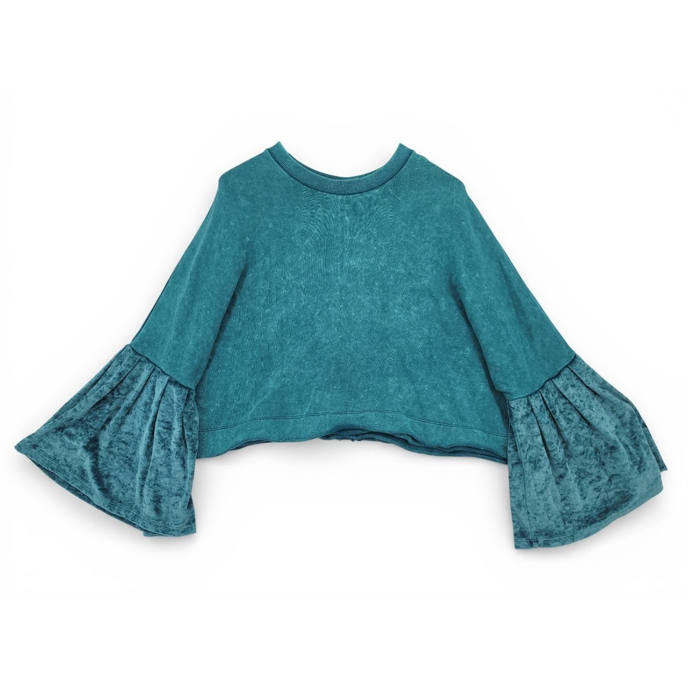 Free People Top Small Teal Bell Sleeve Velvet Boho Pullover Festival Romantic‎